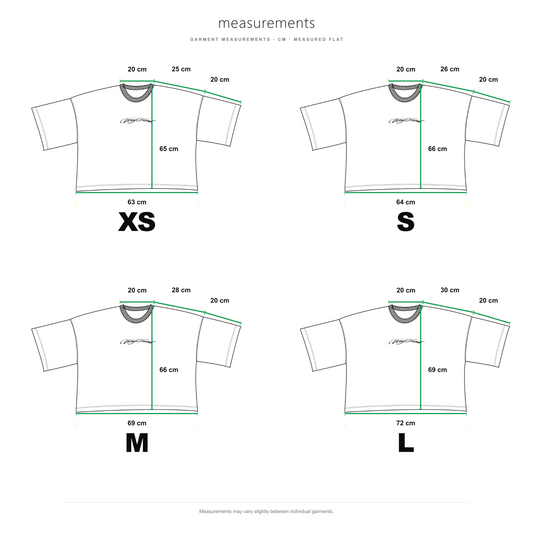 Measurement chart showing flat measurements for four shirt sizes labeled XS, S, M, and L, with line drawings of short-sleeve shirts and green dimension lines on a white background.