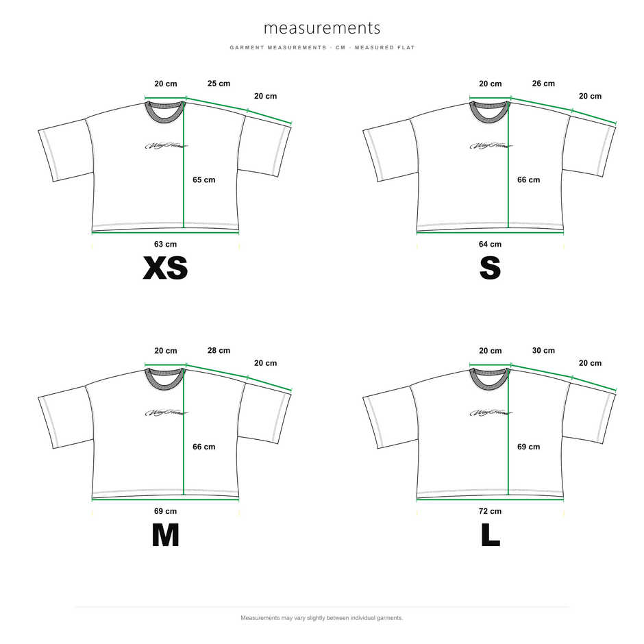 Measurement chart showing flat measurements for four shirt sizes labeled XS, S, M, and L, with line drawings of short-sleeve shirts and green dimension lines on a white background.