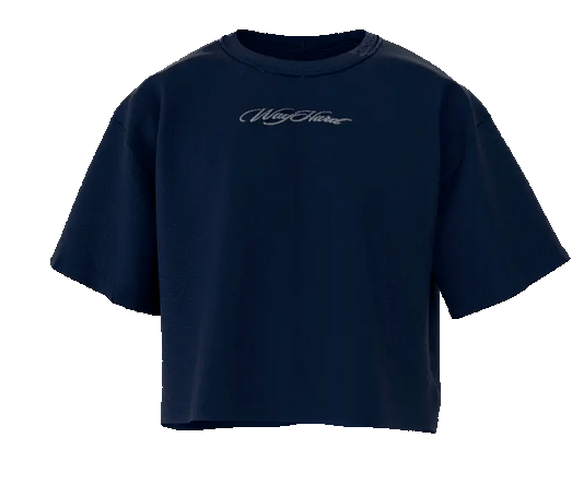 navy blue WayHard streetwear T-shirt featuring a wide drop-shoulder 430gsm 100% Cotton, boxy slightly cropped fit, oversized feel, and  a WayHard logo centered on the chest and back