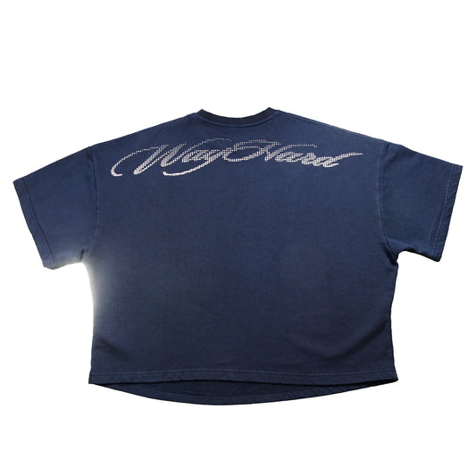 Blue t-shirt with a logo on a white background
