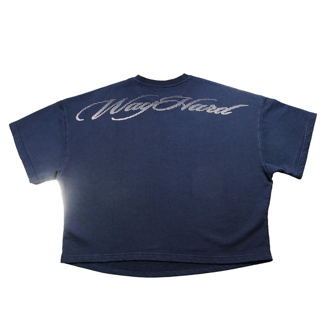 Blue t-shirt with a logo on a white background