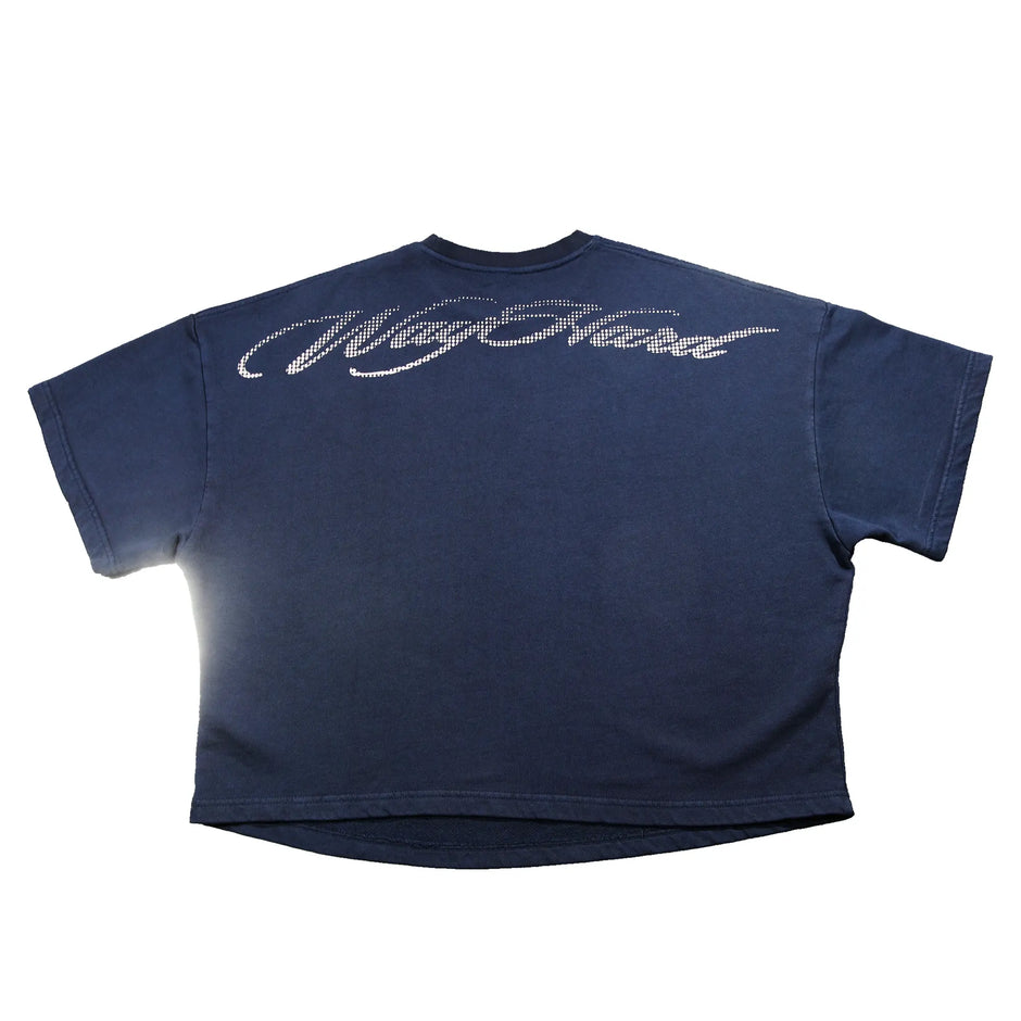 Blue t-shirt with a logo on a white background