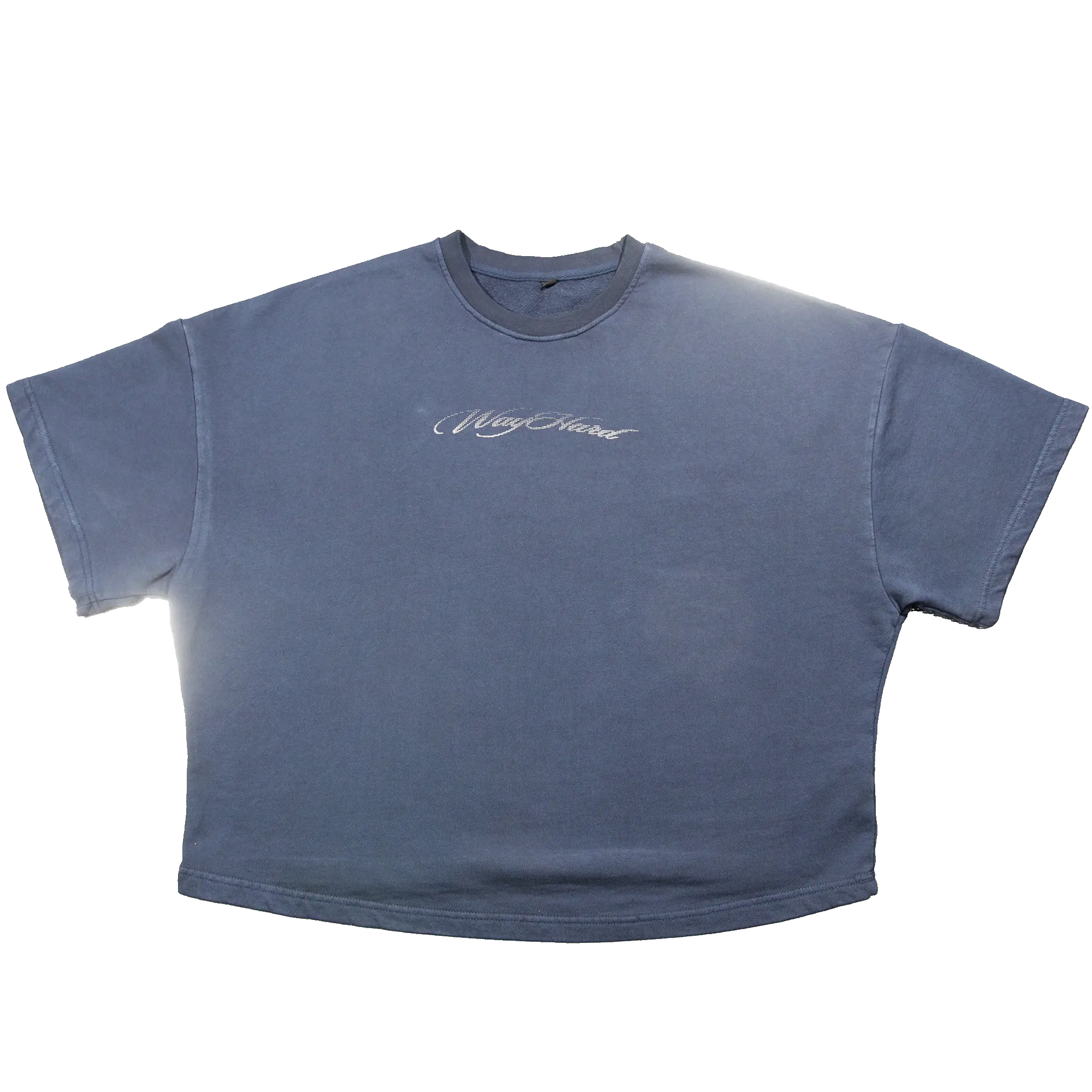 Navy blue t-shirt with 'Way Hard' text on the back against a white background
