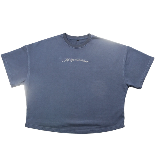 Navy blue t-shirt with 'Way Hard' text on the back against a white background