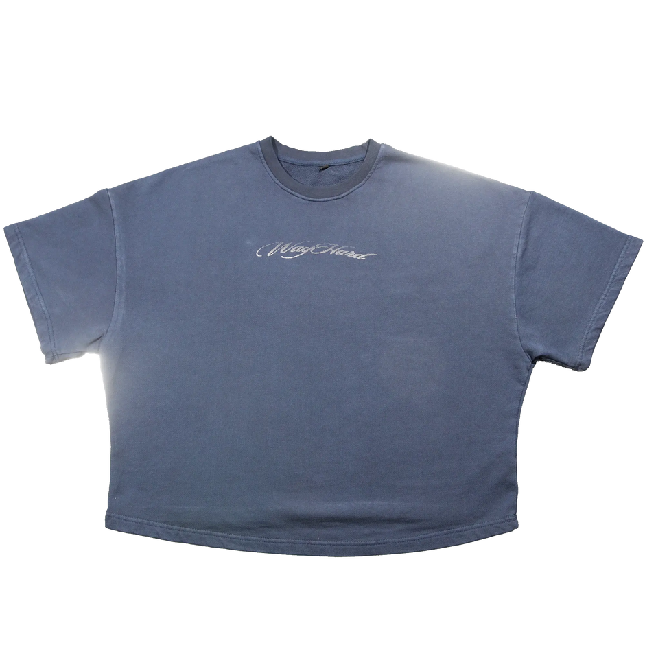 Navy blue t-shirt with 'Way Hard' text on the back against a white background